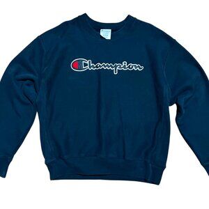 Champion Reverse Weave Embroidered Black Crew Neck Sweatshirt, Men's XL